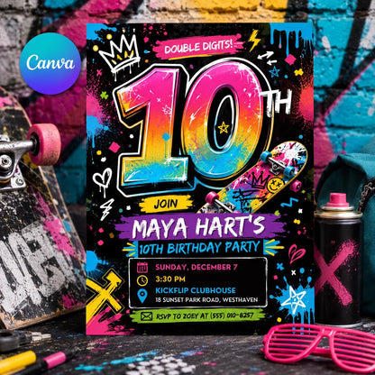Neon Skateboard 10th Birthday Invitation — editable Canva template