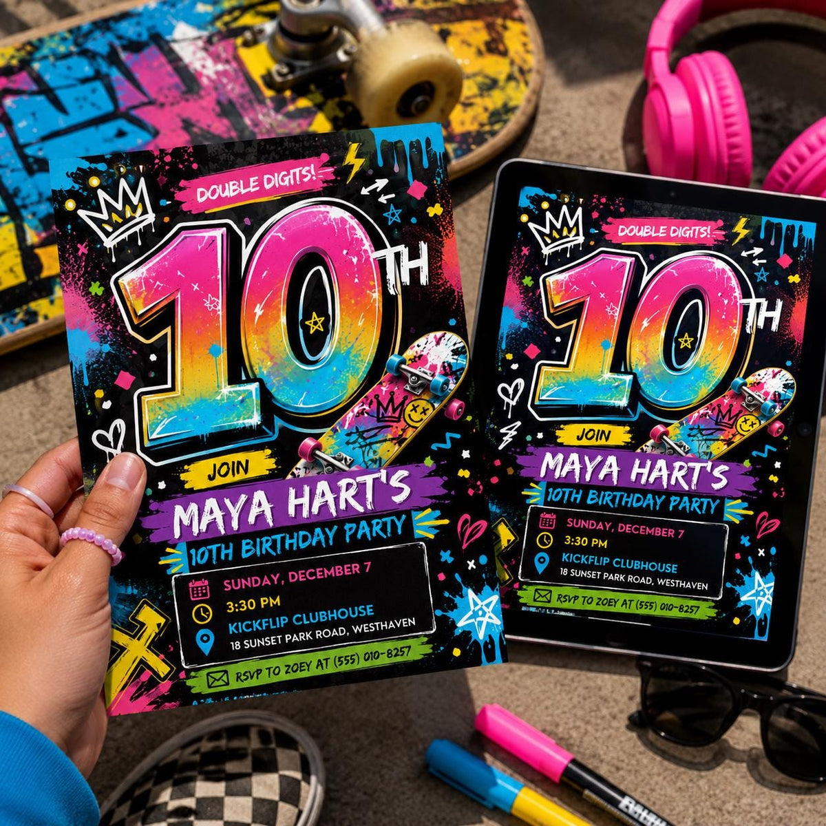 Neon Skateboard 10th Birthday Invitation — graffiti design