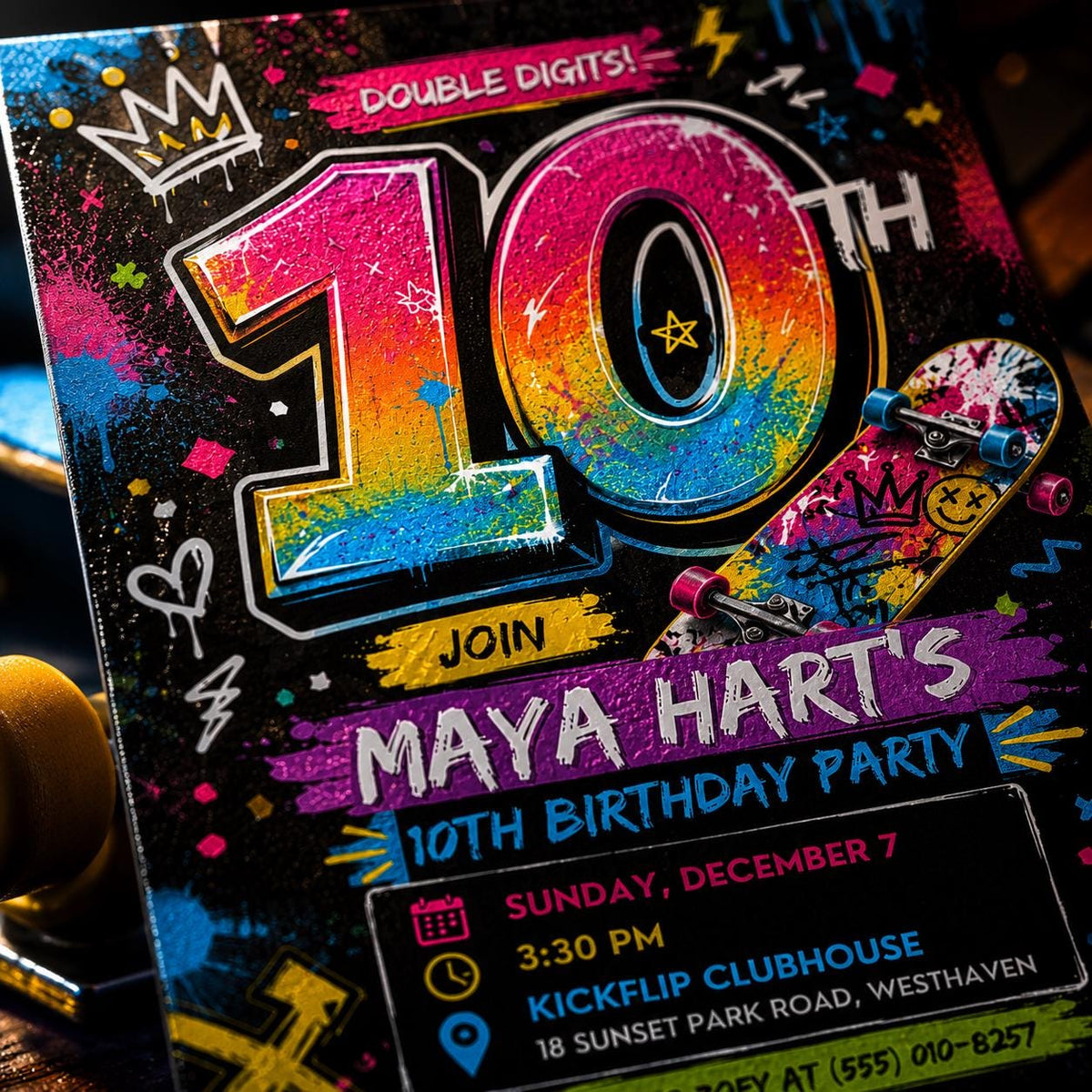 Neon Skateboard 10th Birthday Invitation — invitation you personalize in Canva