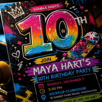 Neon Skateboard 10th Birthday Invitation — invitation you personalize in Canva