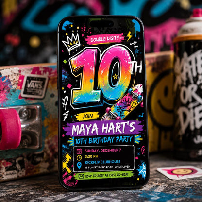 Neon Skateboard 10th Birthday Invitation — print-ready 10th birthday party design from VoltBy