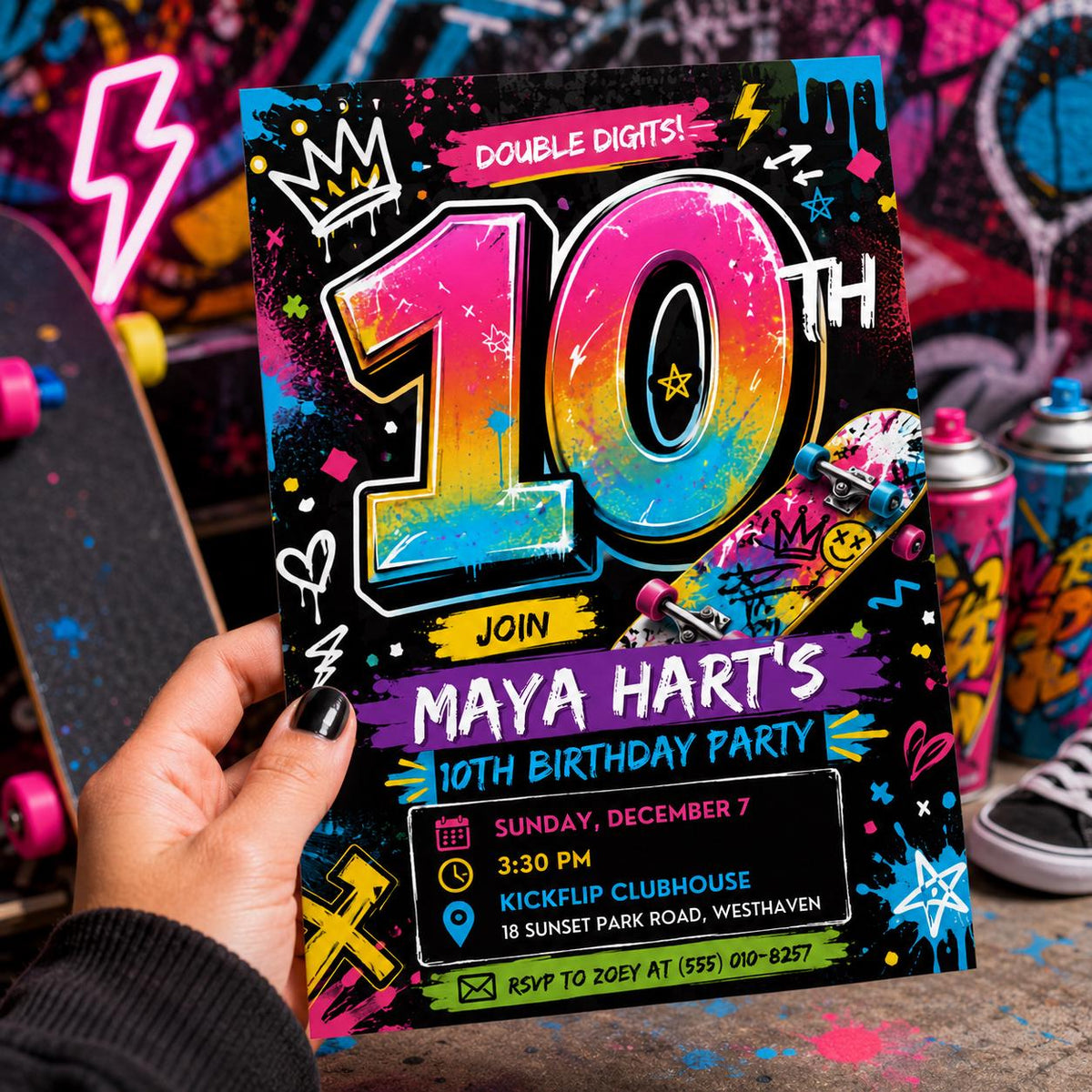 Neon Skateboard 10th Birthday Invitation — digital invitation, instant download
