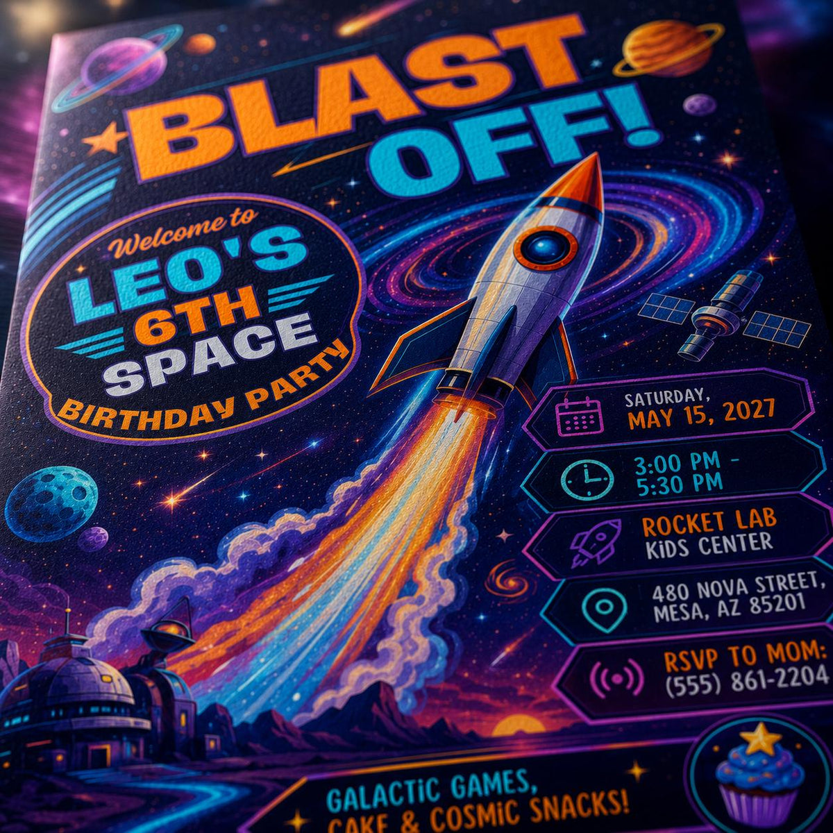 Neon Space 6th Birthday Invitation: Blast Off Rocket Party for Boys — invitation you personalize in Canva