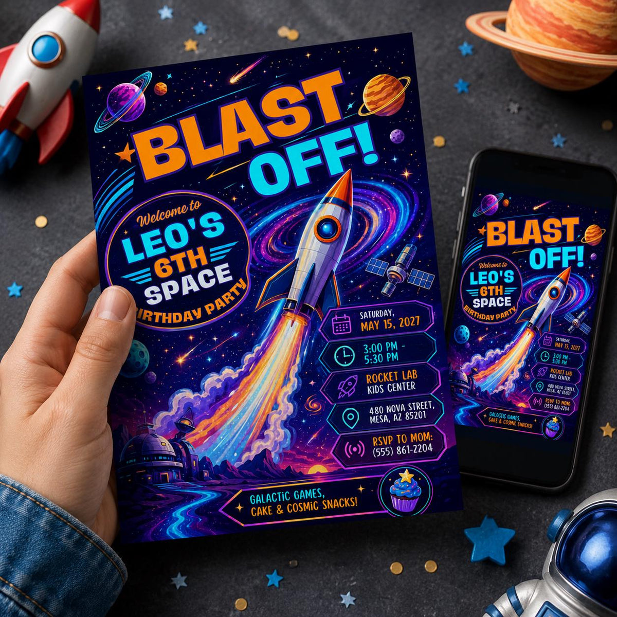Neon Space 6th Birthday Invitation: Blast Off Rocket Party for Boys — print-ready 6th birthday party design from VoltBy