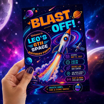 Neon Space 6th Birthday Invitation: Blast Off Rocket Party for Boys — digital invitation, instant download