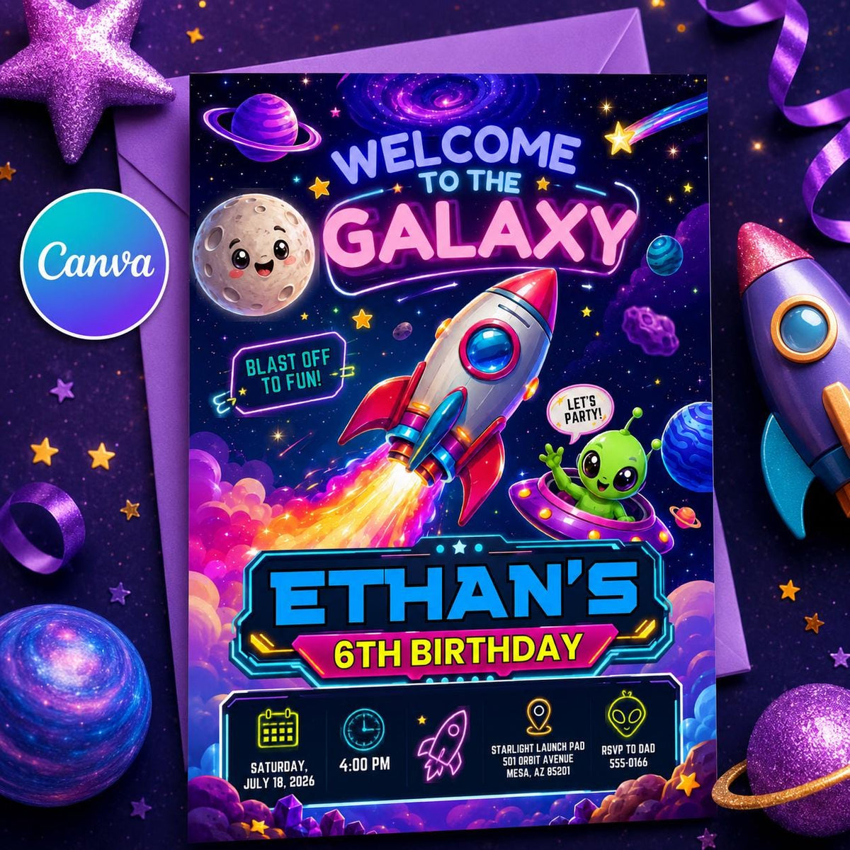 Neon Space 6th Birthday Invitation: Galaxy Rocket Alien Kids Party — editable Canva template