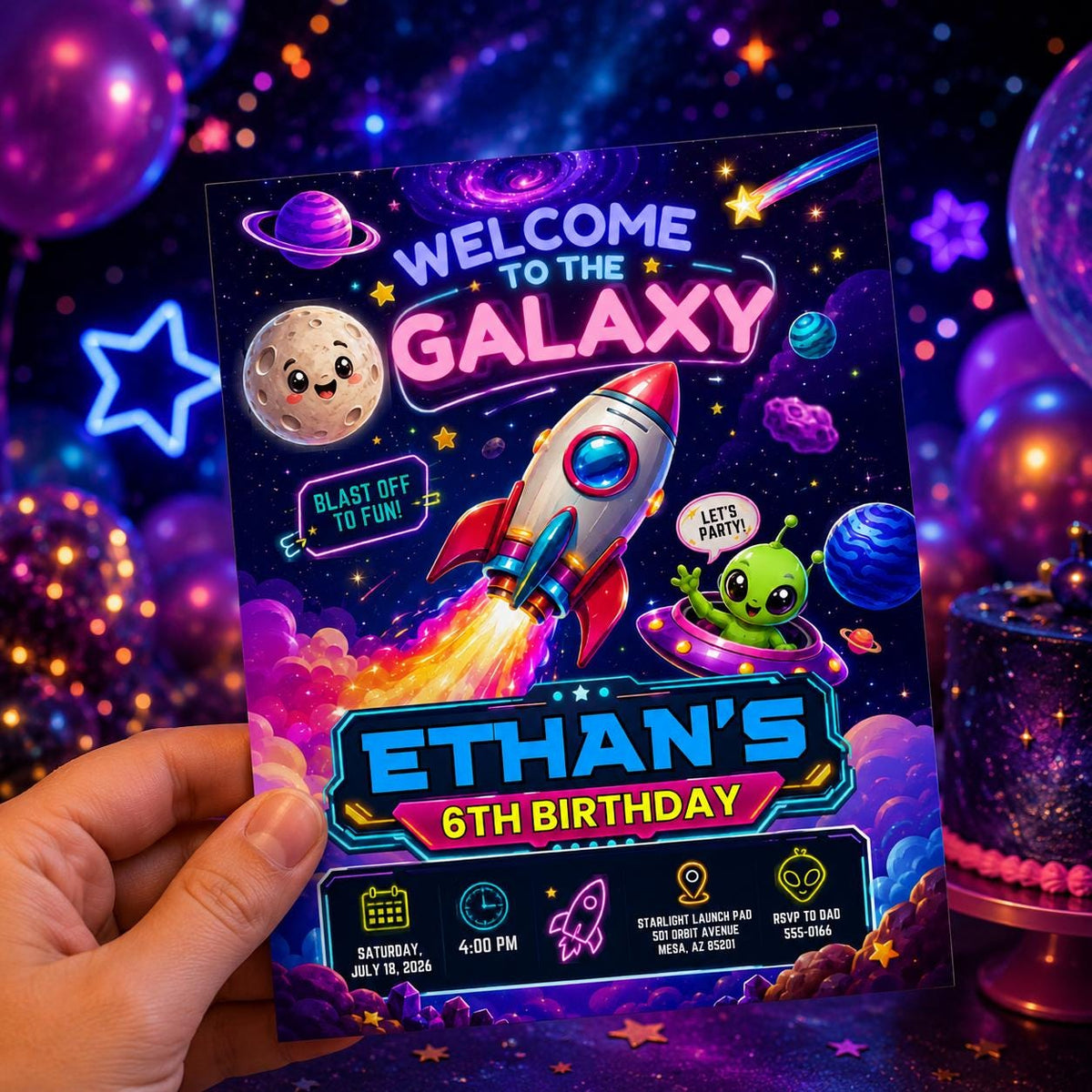 Neon Space 6th Birthday Invitation: Galaxy Rocket Alien Kids Party — invitation you personalize in Canva