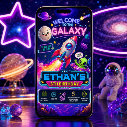 Neon Space 6th Birthday Invitation: Galaxy Rocket Alien Kids Party — print-ready 6th birthday party design from VoltBy