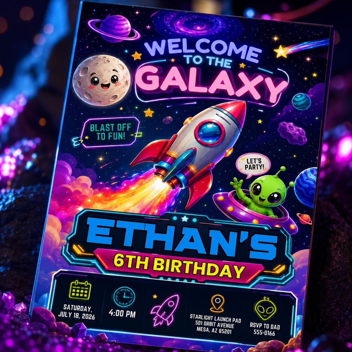 Neon Space 6th Birthday Invitation: Galaxy Rocket Alien Kids Party — digital invitation, instant download