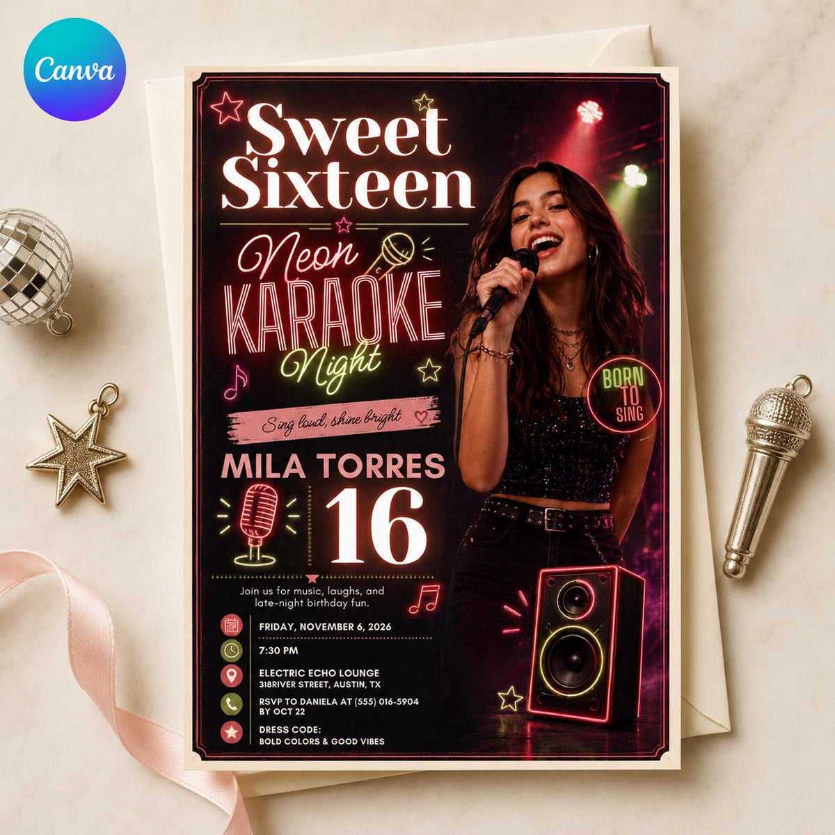 Neon Sweet 16 Karaoke Invitation for Girls — editable Canva template