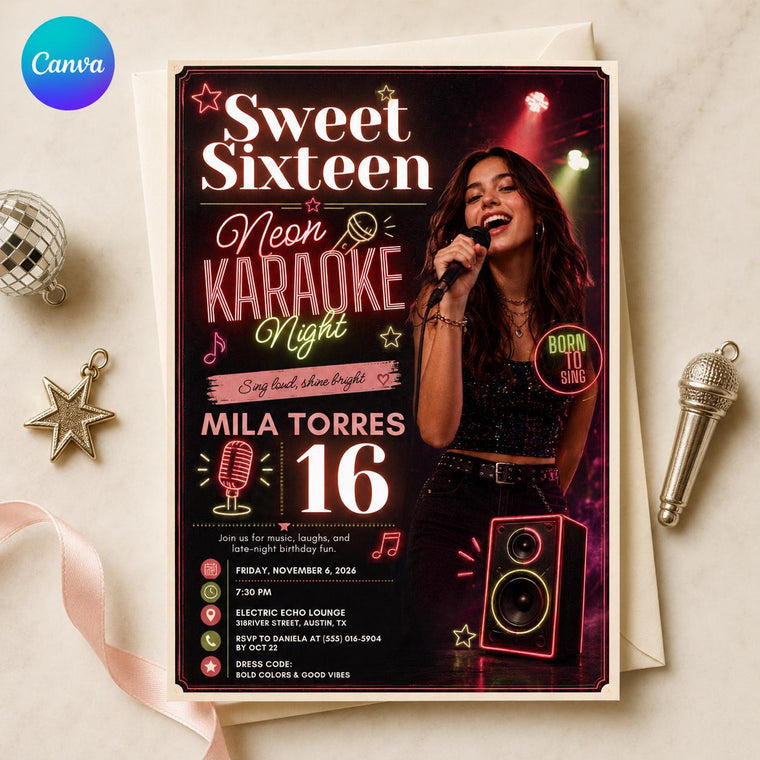Neon Sweet 16 Karaoke Invitation for Girls