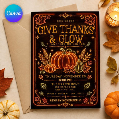 Neon Thanksgiving Dinner Invitation — editable Canva template