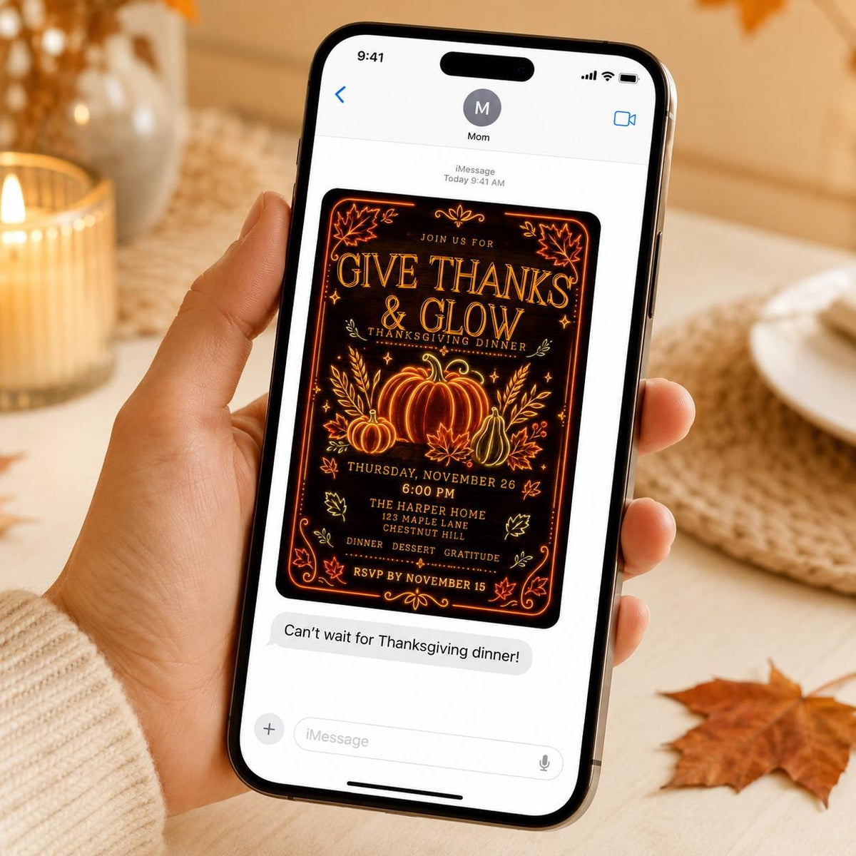 Neon Thanksgiving Dinner Invitation — pumpkin design