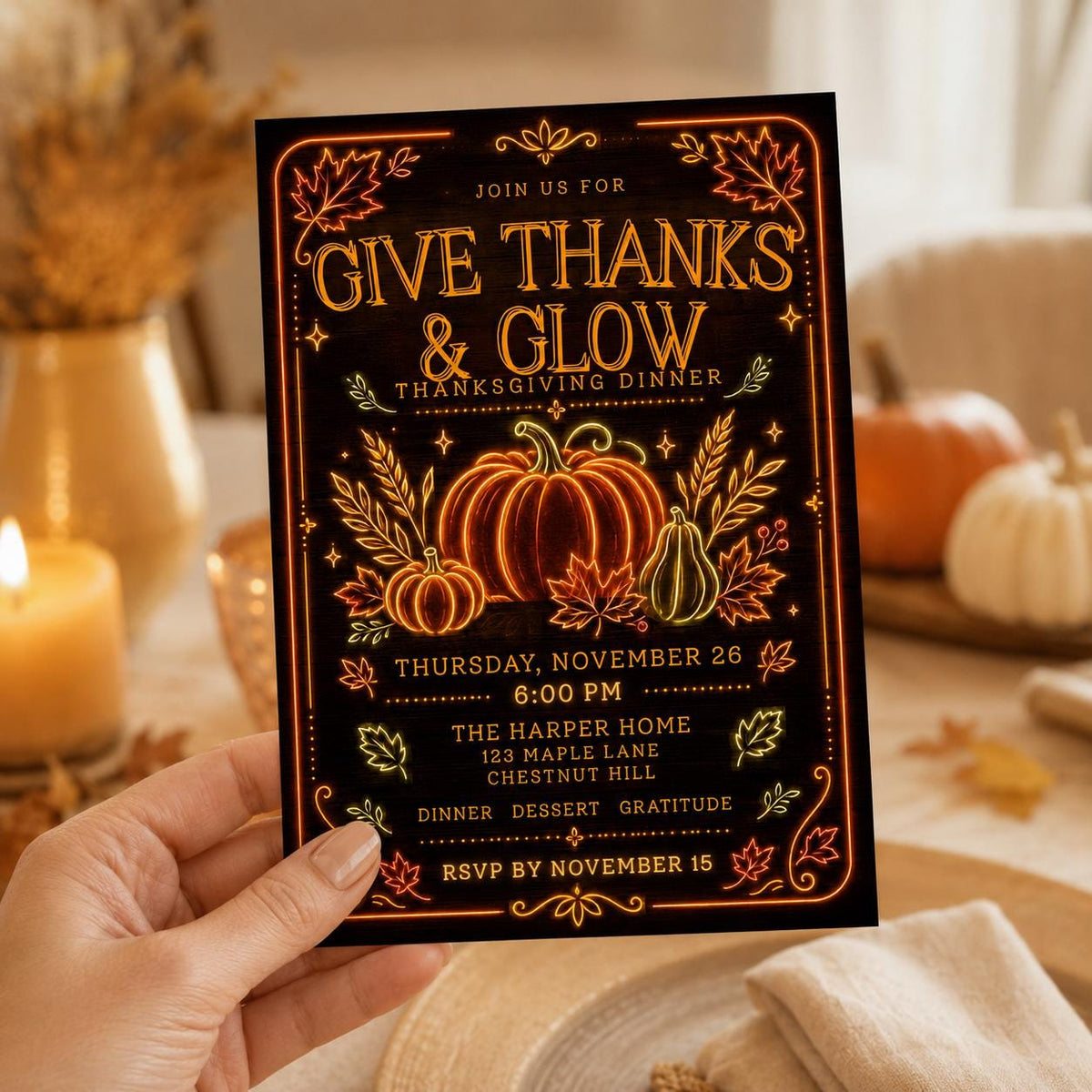 Neon Thanksgiving Dinner Invitation — invitation you personalize in Canva