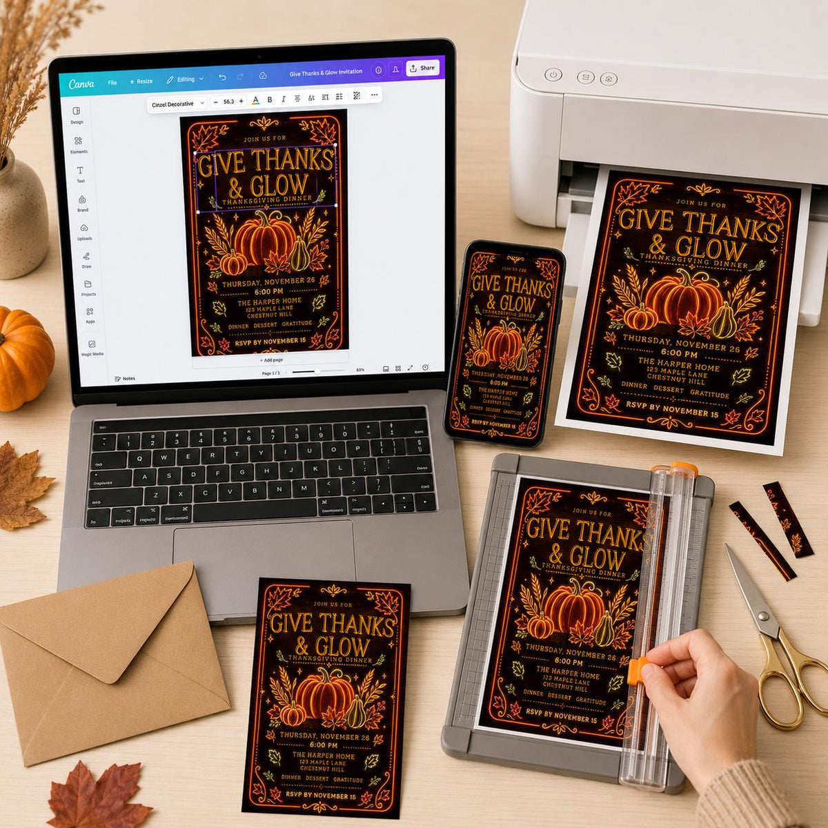 Neon Thanksgiving Dinner Invitation — print-ready Thanksgiving gathering design from VoltBy
