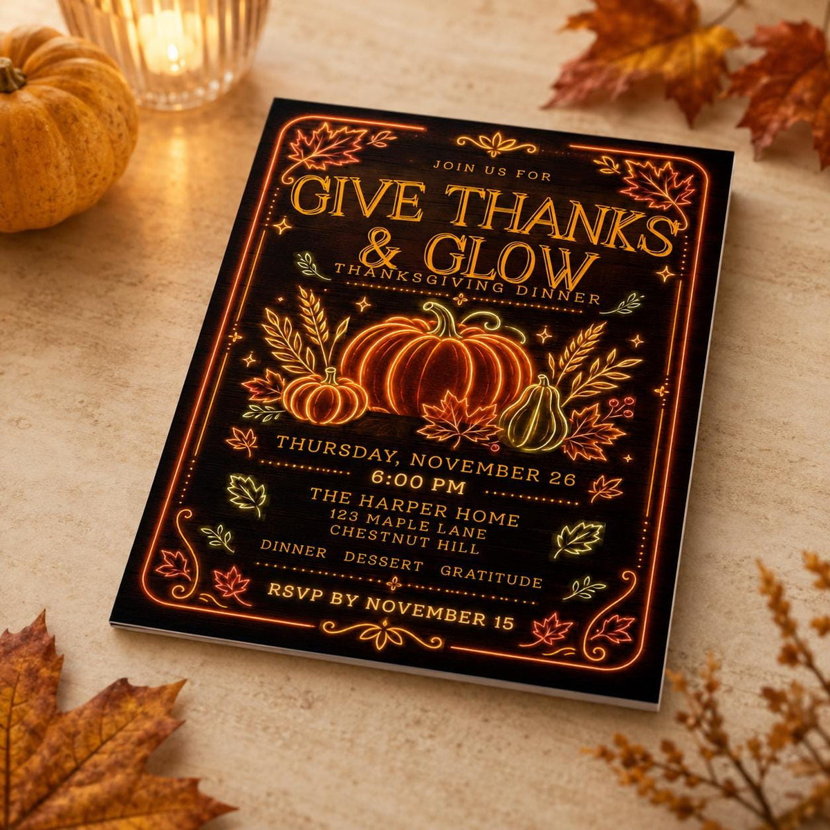 Neon Thanksgiving Dinner Invitation — digital invitation, instant download