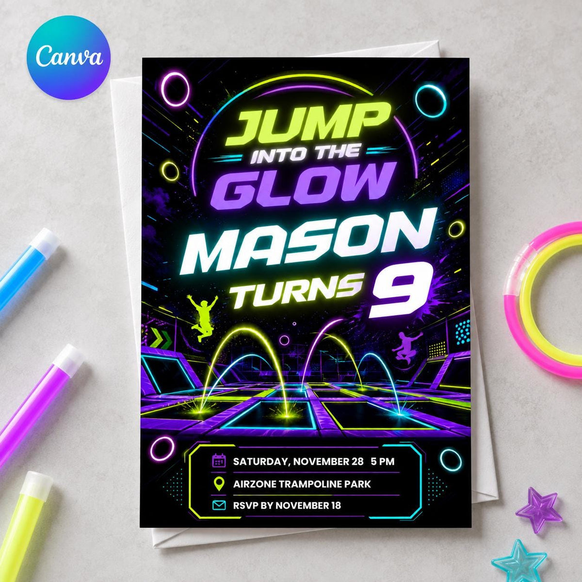 Neon Trampoline 9th Birthday Invitation — editable Canva template