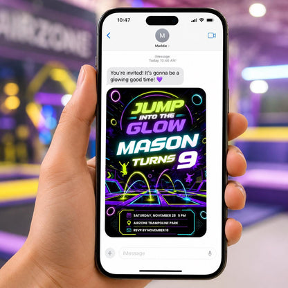 Neon Trampoline 9th Birthday Invitation — invitation you personalize in Canva