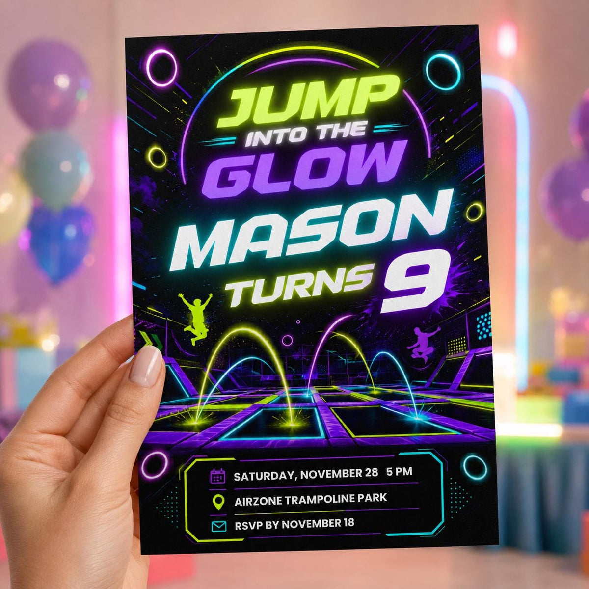 Neon Trampoline 9th Birthday Invitation — print-ready 9th birthday party design from VoltBy