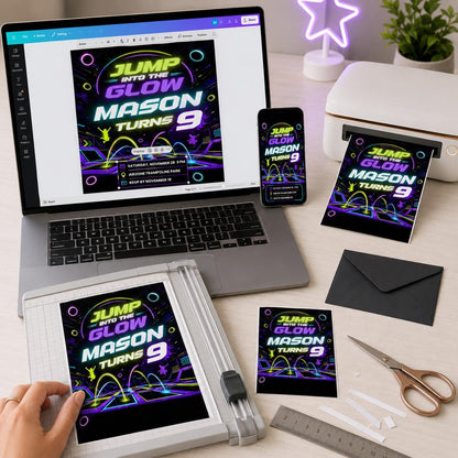 Neon Trampoline 9th Birthday Invitation — digital invitation, instant download