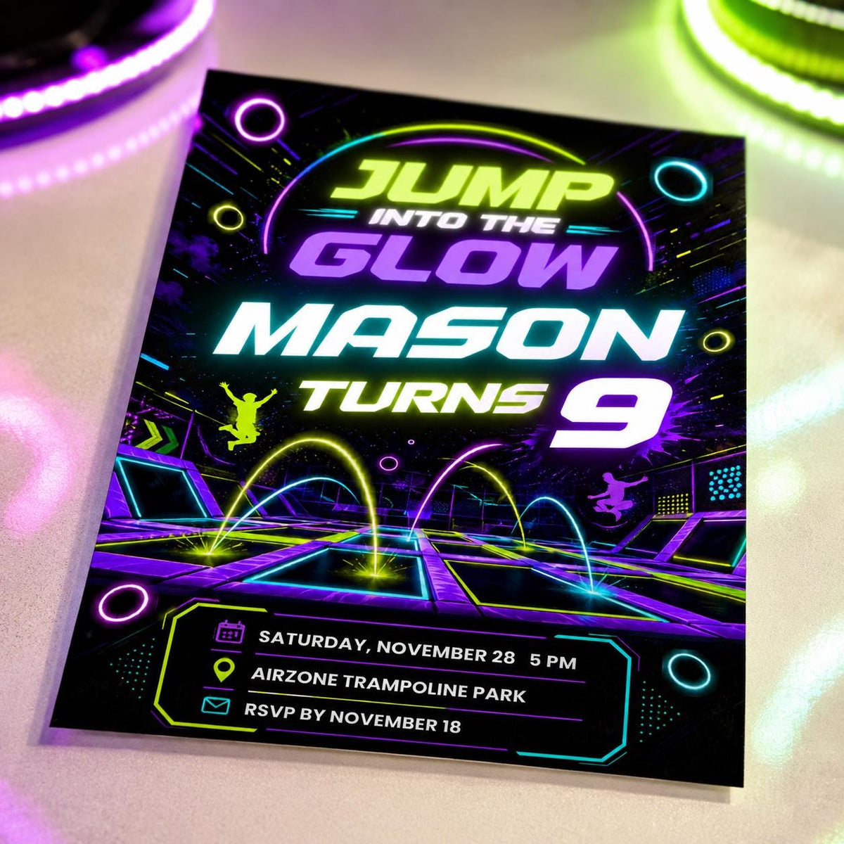 Neon Trampoline 9th Birthday Invitation — 9th birthday party stationery by VoltBy
