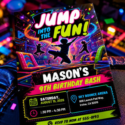 Neon Trampoline Park 9th Birthday Invitation for Boys — invitation you personalize in Canva
