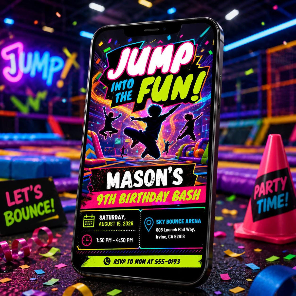 Neon Trampoline Park 9th Birthday Invitation for Boys — print-ready 9th birthday party design from VoltBy