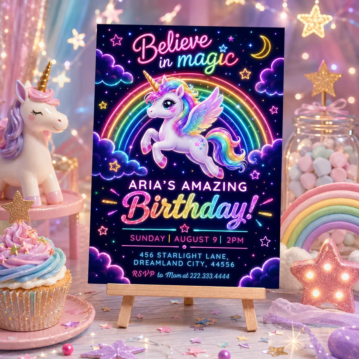 Neon Unicorn Birthday Invitation with Rainbow in black and blue