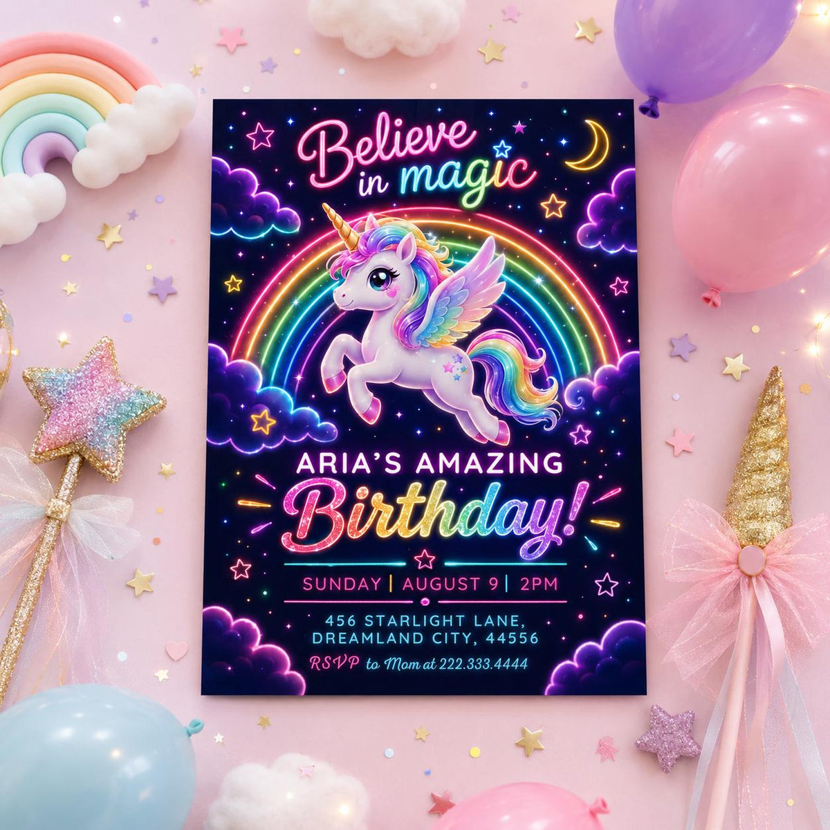 Neon Unicorn Birthday Invitation with Rainbow — magic design
