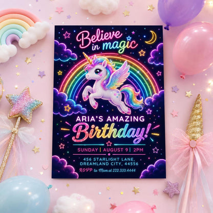 Neon Unicorn Birthday Invitation with Rainbow — magic design