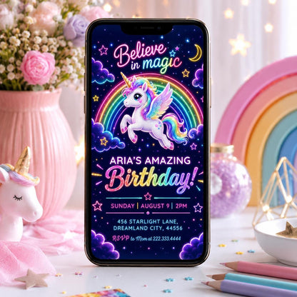 Neon Unicorn Birthday Invitation with Rainbow — invitation you personalize in Canva