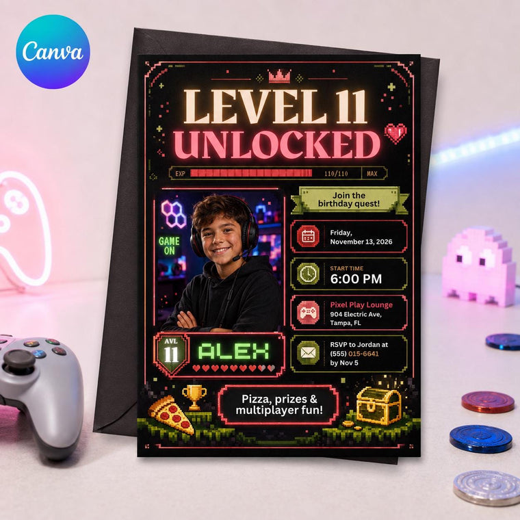 Neon Video Game 11th Birthday Invitation