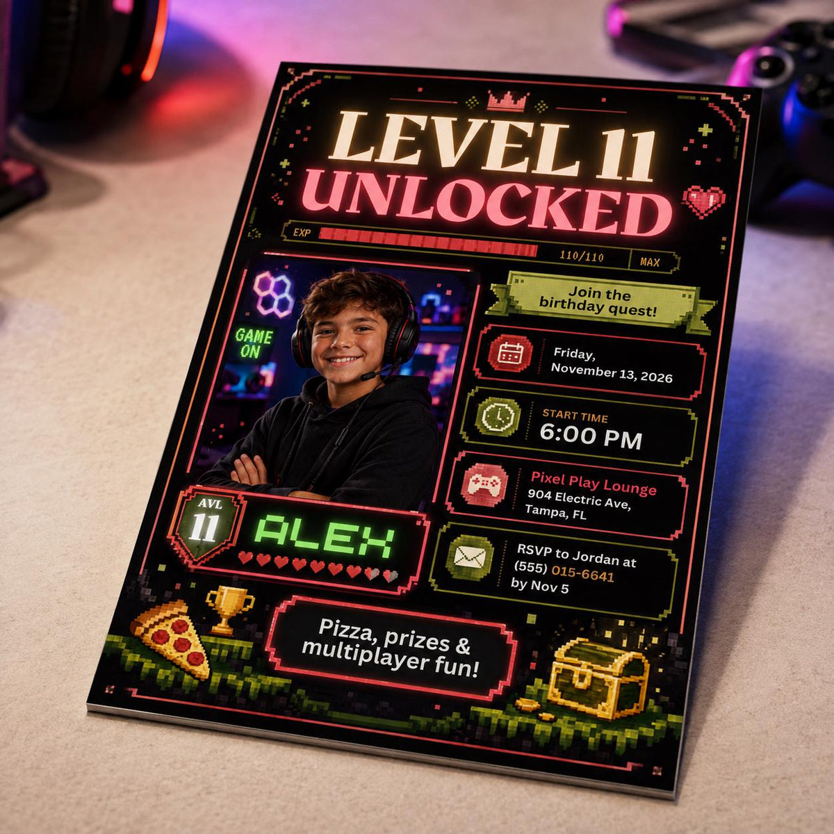 Neon Video Game 11th Birthday Invitation — gaming design