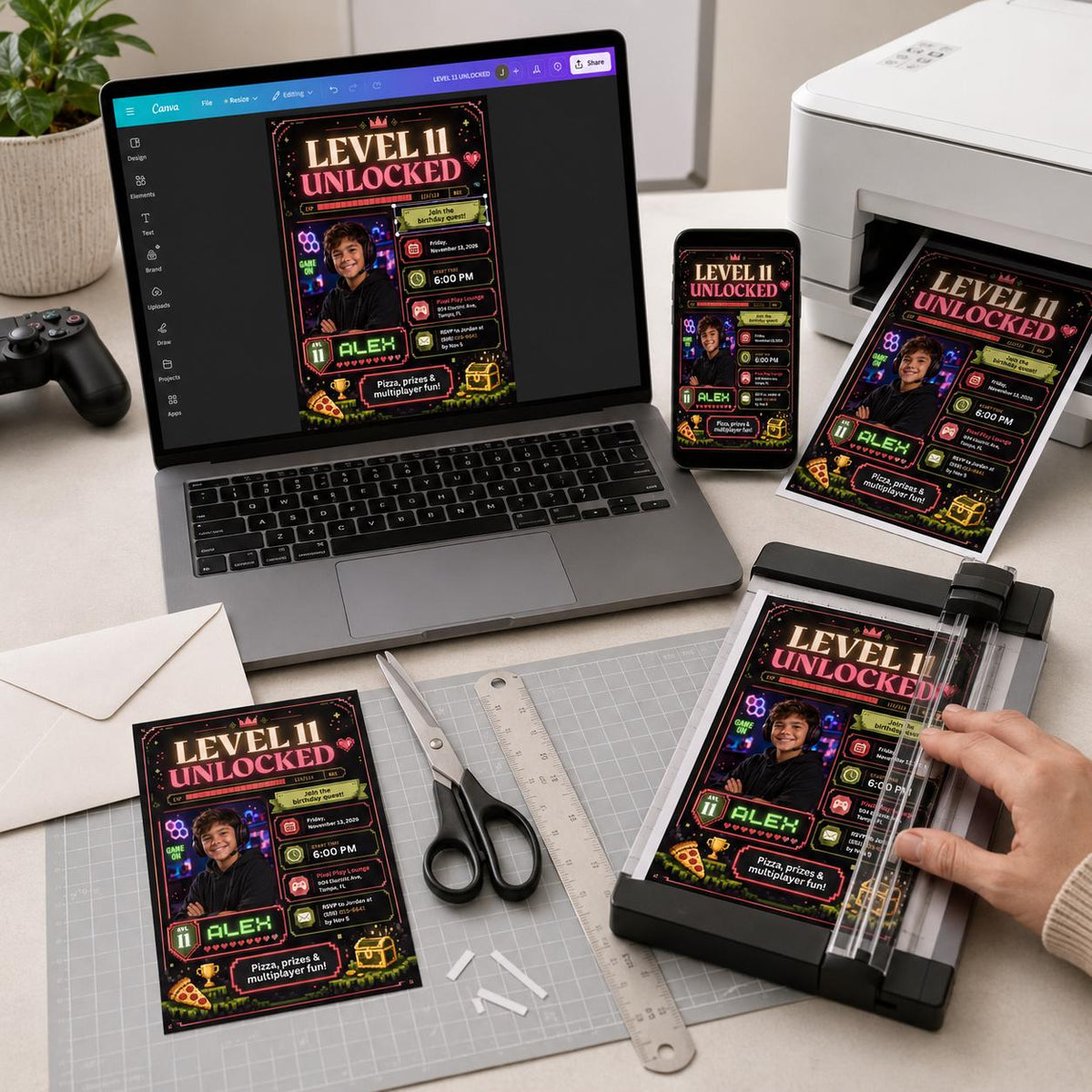 Neon Video Game 11th Birthday Invitation — invitation you personalize in Canva
