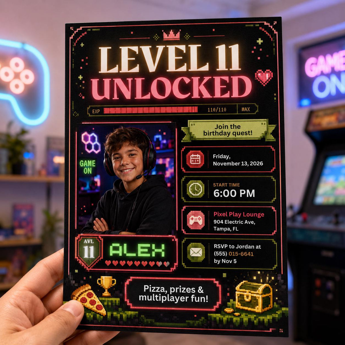 Neon Video Game 11th Birthday Invitation — print-ready 11th birthday party design from VoltBy
