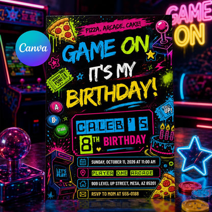Neon Video Game Birthday Invitation for Boys — editable Canva template