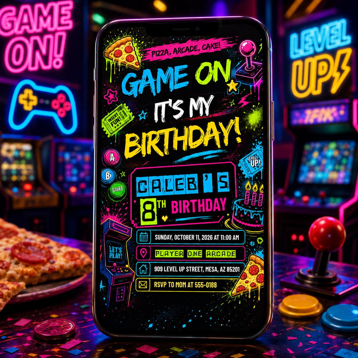 Neon Video Game Birthday Invitation for Boys — gaming and pizza design