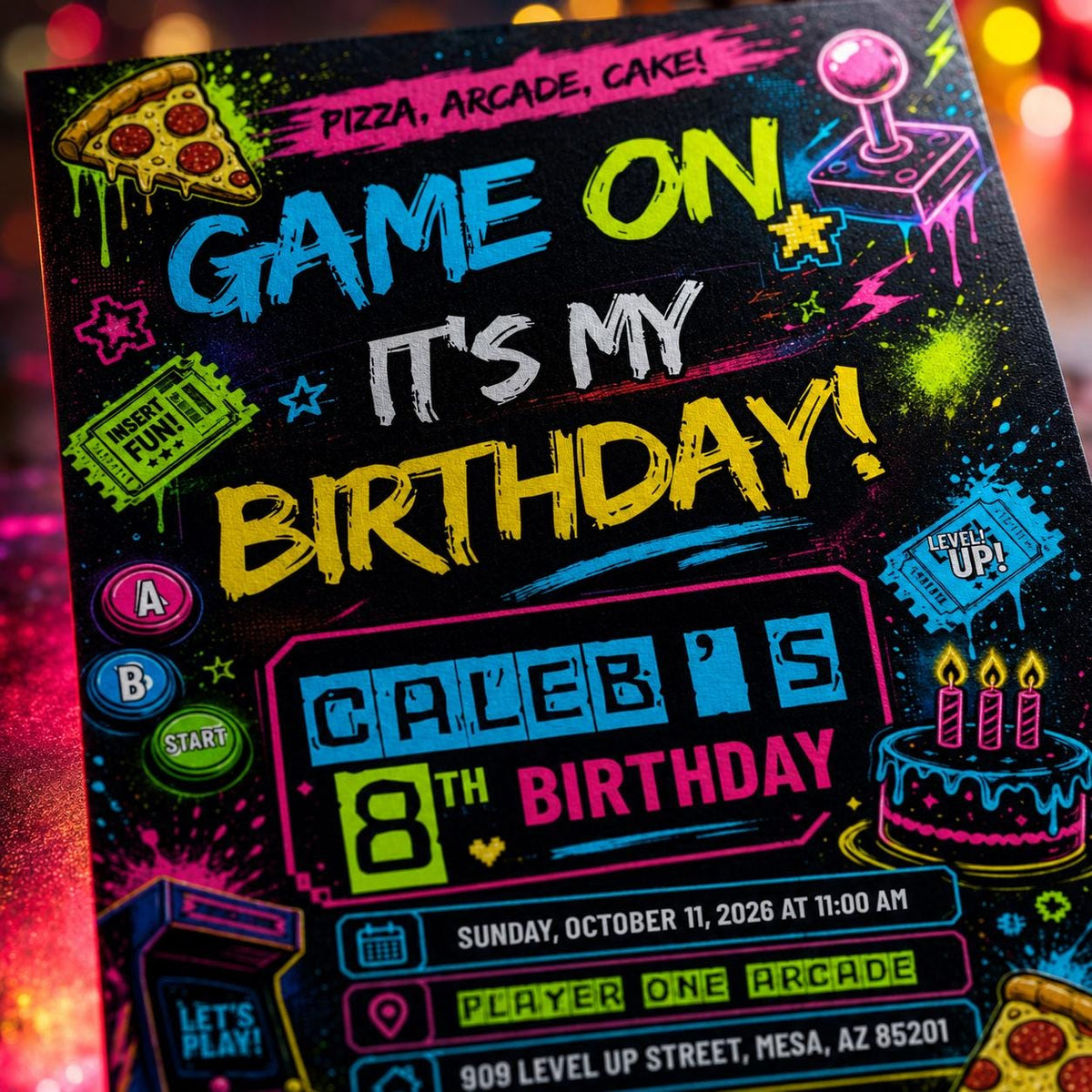 Neon Video Game Birthday Invitation for Boys — invitation you personalize in Canva