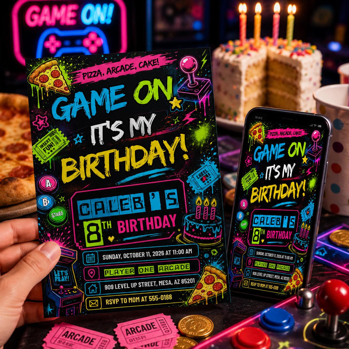 Neon Video Game Birthday Invitation for Boys — print-ready birthday party design from VoltBy