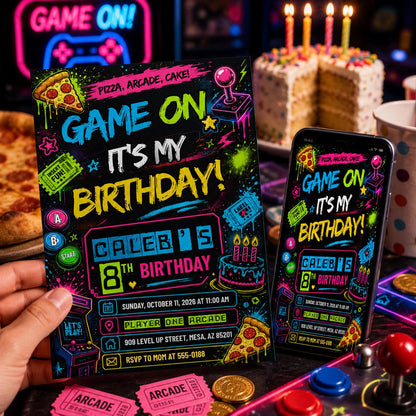 Neon Video Game Birthday Invitation for Boys — print-ready birthday party design from VoltBy