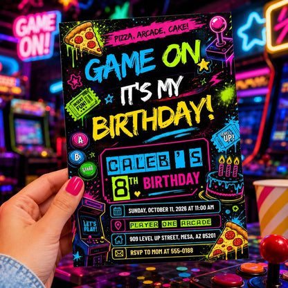 Neon Video Game Birthday Invitation for Boys — digital invitation, instant download