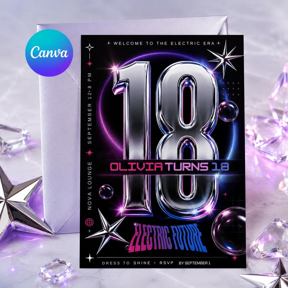 Neon Y2K 18th Birthday Invitation — editable Canva template
