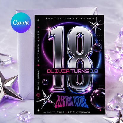 Neon Y2K 18th Birthday Invitation — editable Canva template