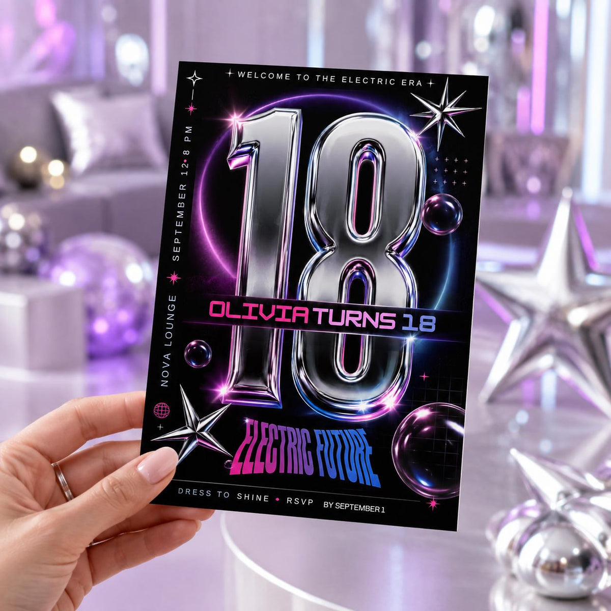 Neon Y2K 18th Birthday Invitation — print-ready 18th birthday party design from VoltBy