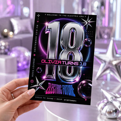 Neon Y2K 18th Birthday Invitation — print-ready 18th birthday party design from VoltBy