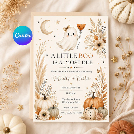 Neutral A Little Boo Baby Shower Invitation — editable Canva template