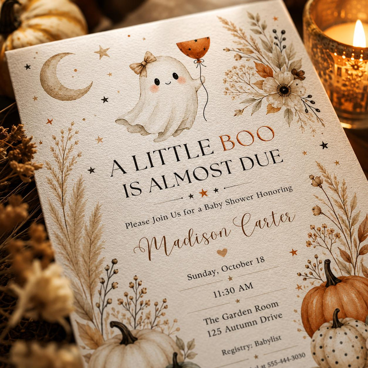 Neutral A Little Boo Baby Shower Invitation — ghost and pumpkin design