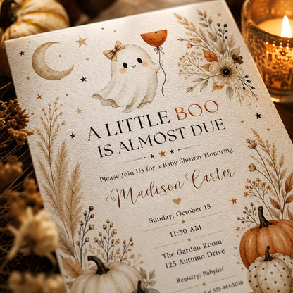 Neutral A Little Boo Baby Shower Invitation — ghost and pumpkin design
