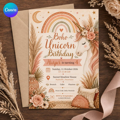 Neutral and Rainbow Boho Unicorn 4th Birthday Invitation for Girls — editable Canva template