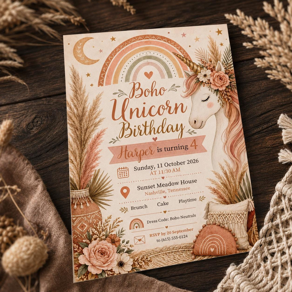 Neutral and Rainbow Boho Unicorn 4th Birthday Invitation for Girls — floral design